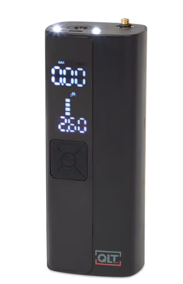 Compresseur d'air sans fil QLT – Rechargeable par USB – Écran LCD avec éclairage LED – Noir – 5,5 x 4,5 x 19,8 cm