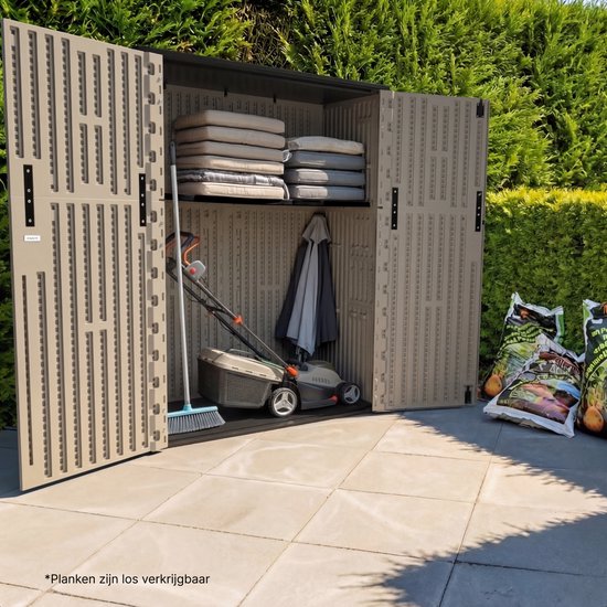 LifeGoods Garden Cabinet Vertical - 1340L - Armoire de rangement - Résistant à l'eau et aux UV - Coffre de jardin - Taupe