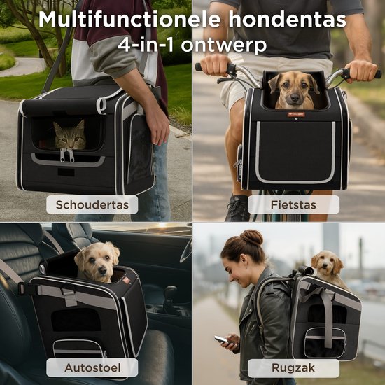 Trevopet® Panier à vélo pour chien - Panier à vélo 4 en 1 pour chien, sac de transport, sac à dos et siège auto - Convient aux vélos électriques - Pour les chiens jusqu'à 8 kg - Noir