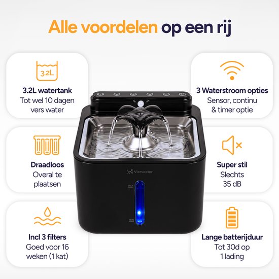 Viervoeter® Fontaine à eau sans fil en acier inoxydable - Fontaine à eau à capteur pour chats et chiens - 3 filtres inclus - 3,2 L - Autonomie de la batterie : 30 jours - Silencieuse