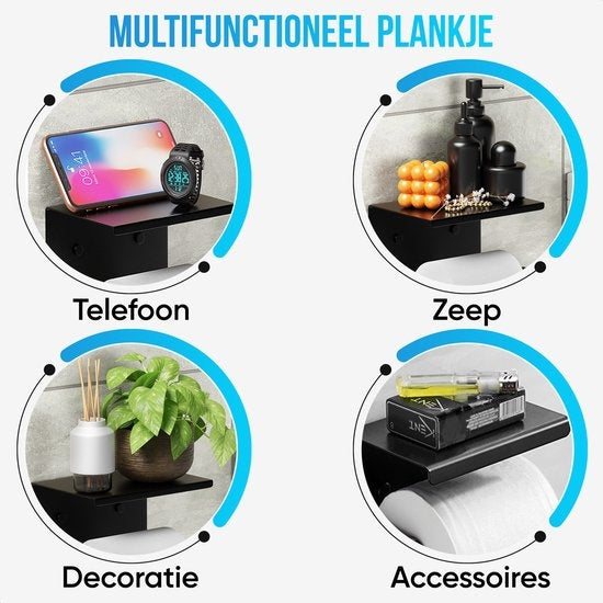 Strex Porte-rouleau de papier toilette avec étagère - Noir - Autocollant / Perçage / Sans perçage - Porte-rouleau de papier toilette - Porte-papier toilette