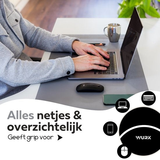 WURK Tapis de bureau professionnel en cuir synthétique - Organiseur de bureau - Accessoires de bureau - Tapis de souris XXL - Avec clip de câble - 80x40 - Gris