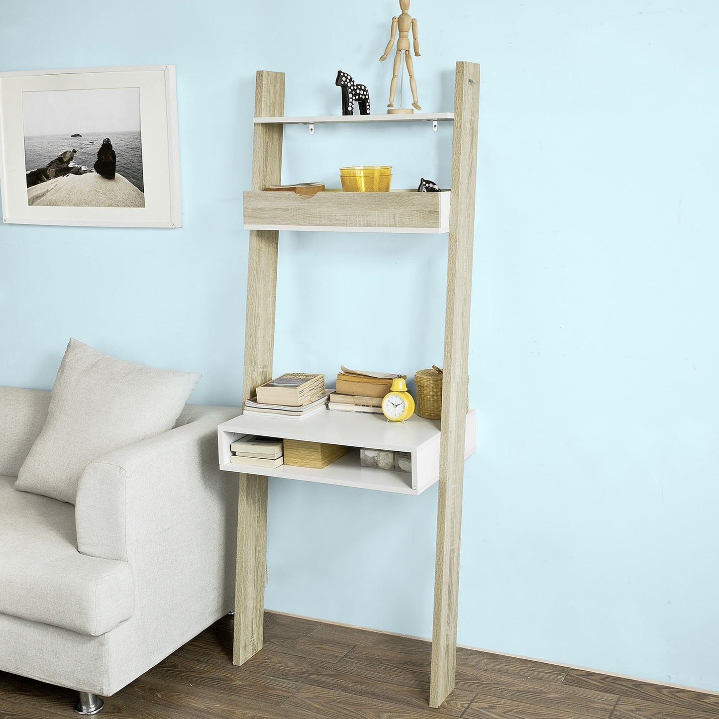 SoBuy FRG111-WN Bibliothèque avec bureau - Montage mural MDF/Panneau - 40 x 65 x 176 cm - Blanc/Naturel