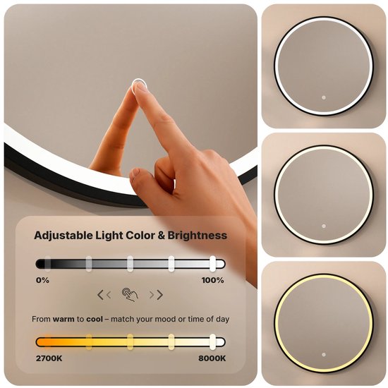 Miroir de salle de bains Mirlux avec éclairage LED et chauffage – Miroir mural rond – Miroir de douche anti-buée – 80 cm – Cadre noir