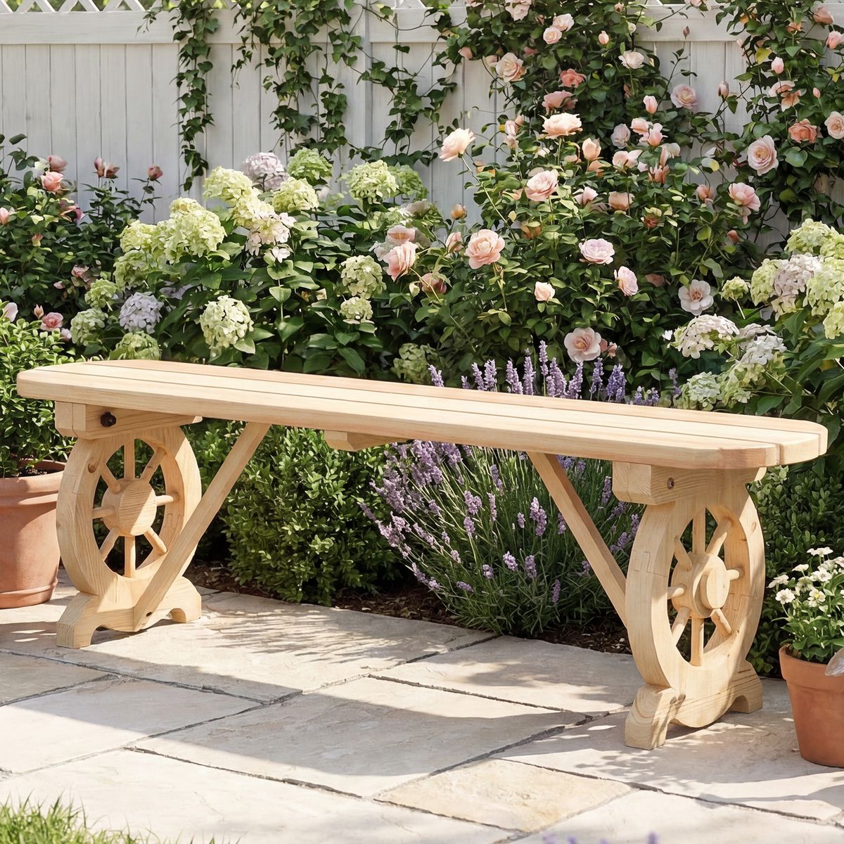 Banc de terrasse en bois Coast - pieds en forme de roue de charrette - pour deux personnes - couleur naturelle