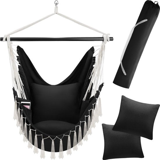 tectake® - Fauteuil suspendu Malika - coussins d'assise et de dossier extra épais, avec sac de transport et compartiment à livres - noir