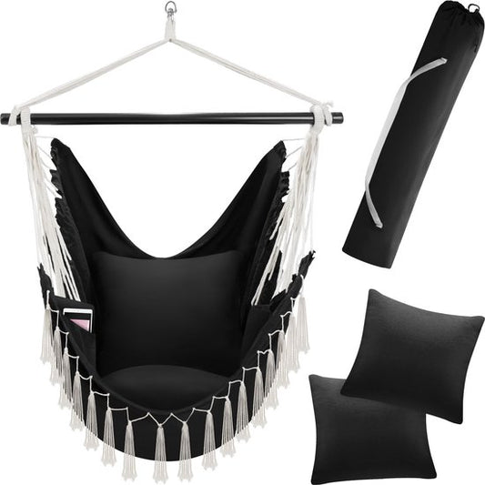 tectake® - Fauteuil suspendu Malika - coussins d'assise et de dossier extra épais, avec sac de transport et compartiment à livres - noir