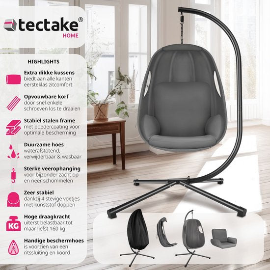 tectake® Chaise suspendue avec cadre - Chaise à bascule avec coussin + coussin de dossier - Meuble de salon ou de chambre - Meuble de balcon - Intérieur ou extérieur - Jusqu'à 160kg - Anthracite