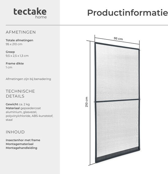 tectake® Porte moustiquaire 95 x 210 cm – Moustiquaire avec cadre en aluminium – Personnalisable – Toile anti-moustiques en fibre de verre – Résistante aux intempéries et aux UV – Matériel de montage inclus – Anthracite