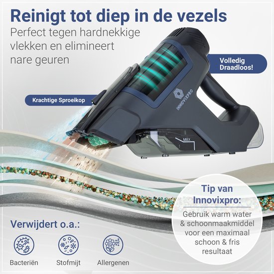 Innovixpro® Carpet Cleaner - Stain Cleaner - Powerful - Sofa Cleaner - Cleaning Machine - Spray Function - 2 Attachments - 45 Minutes Battery Life - Cordless Stain Remover ! - Noir