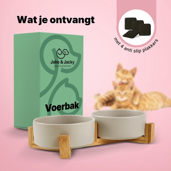 Jake and Jacky Feeding Bowl Cat and Dog Ceramic - Bols d'alimentation doubles avec support - Abreuvoir - 2x 400 mL - Gris