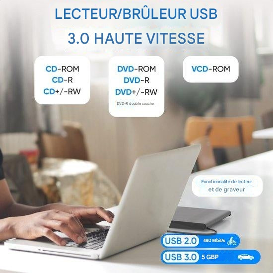 Lecteur DVD Externe avec Graveur Strex, CD/DVD, Plug & Play, USB 3.0 DVD Player, noir