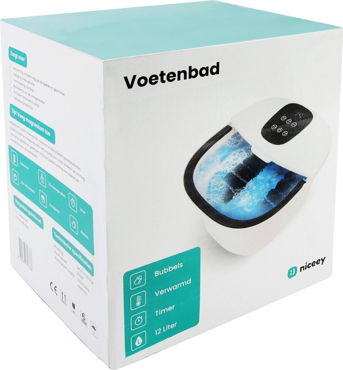 Bain de pieds électrique XXL - Niceey – Massage infrarouge & 10 rouleaux – Température jusqu’à 48°C – Capacité 12L – Blanc