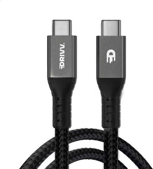 Drivv. Câble USB-C vers USB-C 4.0 - Gen 3 - Charge rapide 240 W - 8K 60 Hz - 40 Gbps - 2 mètres - Nylon - Noir