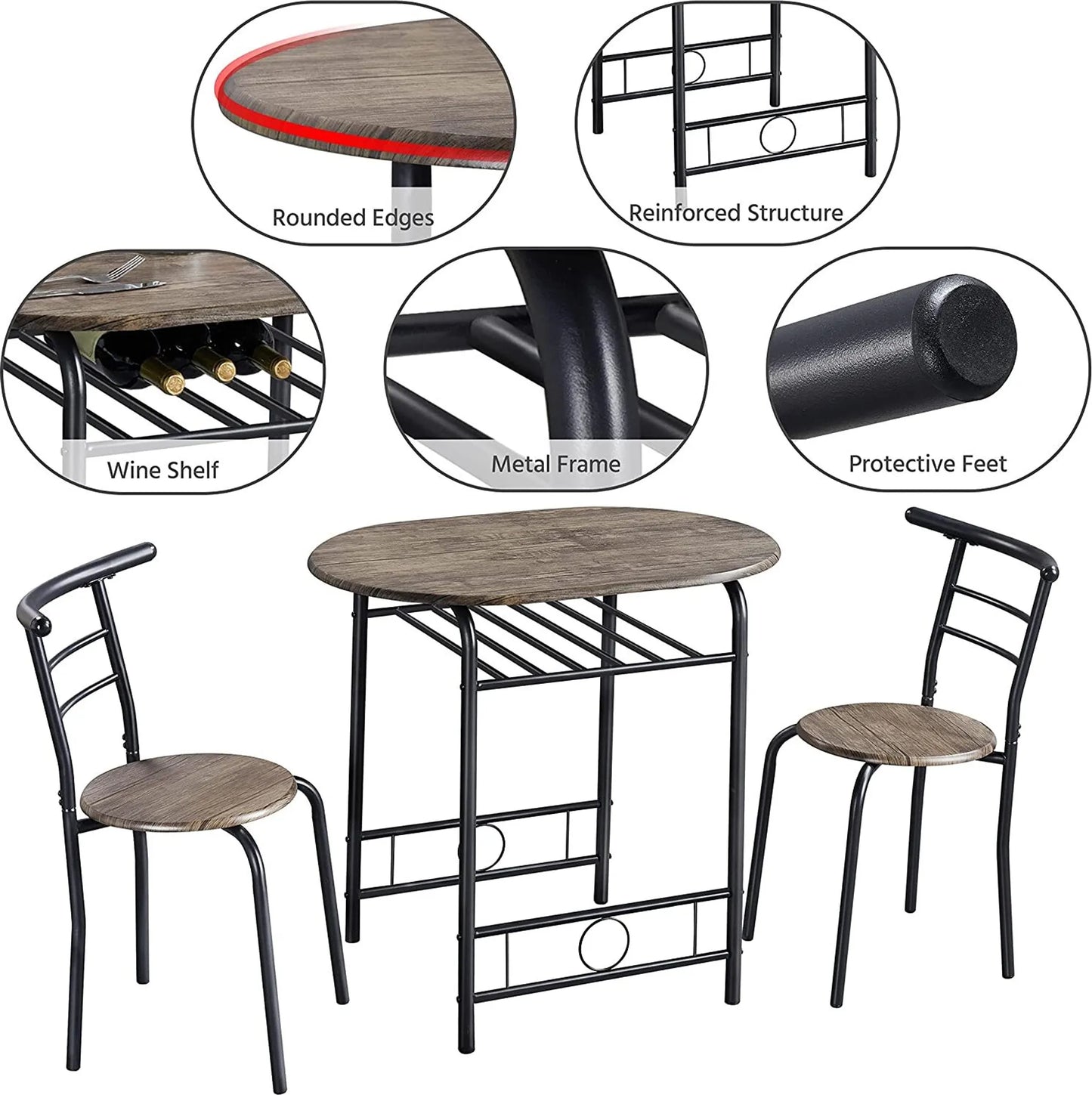 Yaheetech Dining Set Of 3 - Comprend une table avec 2 chaises, une étagère de rangement réglable et un revêtement hydrofuge - Pour la cuisine et la salle à manger - Driftwood Brown Metal and MDF - 80 x 53 x 73.5 cm