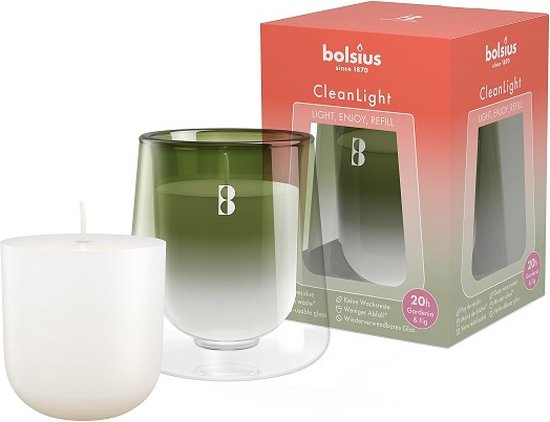 4 pièces Bolsius Cleanlight en verre transparent 115/55 avec recharge (20 heures) Cypress - Amber