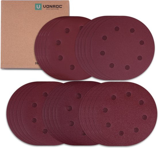 VONROC Jeu de papier de verre - 180MM - 25 pièces - Pour ponceuses - Fixation Velcro incluse