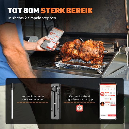 Vulpes Goods® Kitchen Meat Thermometer Wireless with App - 5-in-1 BBQ Thermometer - Oven Thermometer and Cooking Thermometer - Core Thermometer - 80m Range - 1 Probe - Stainless Steel - Water Resistant