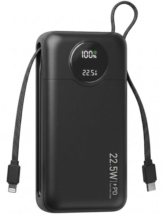 Nuvance Powerbank 20 000 mAh - Chargeur rapide 22,5 W USB-C et 8 broches - Kit d'urgence - 2 ports - 2 câbles intégrés - Powerbank