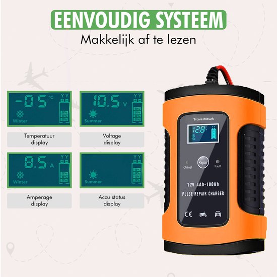 Travelhawk Chargeur de batterie - Chargeur de secours - Chargeur de batterie de voiture - Convient à la moto, à la voiture et au scooter - 12V 6A