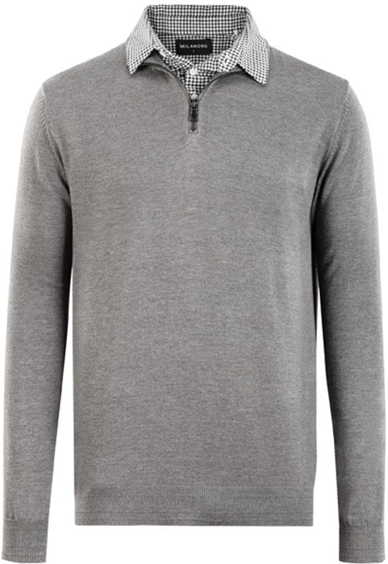 Milanoro - Pull pour homme avec col chemise et demi-fermeture éclair - Marine - XXL