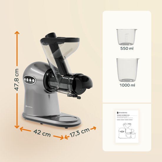 KitchenBrothers Slowjuicer XL - Presse-agrumes - Presse-légumes et fruits - Alimentation 43 mm et 70 mm - 500 ml - Gris