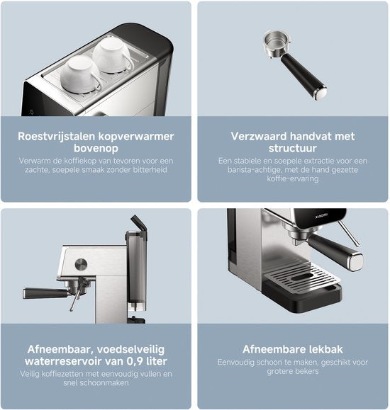 Machine à expresso semi-automatique Xiaomi | Machine à expresso | Pression de pompe de 20 bars | 1 350 W | Réservoir d'eau de 0,9 L | Mousseur à lait en acier inoxydable | 1 ou 2 tasses | Compacte