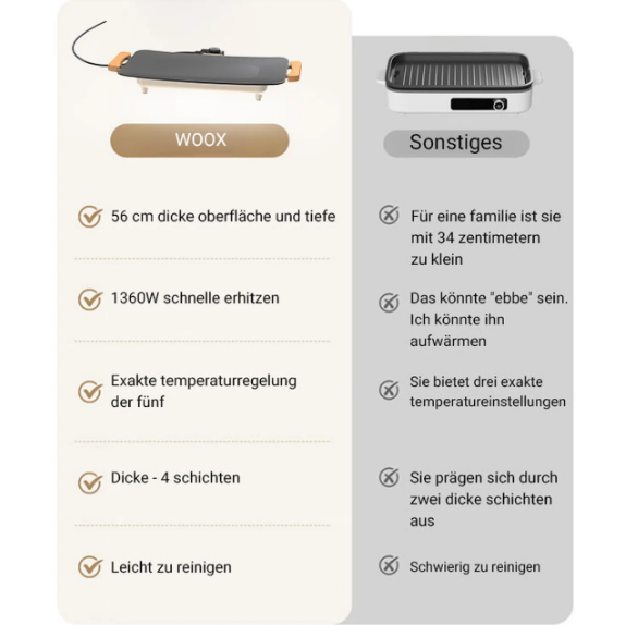 Grill électrique Woox en aluminium - 56 x 26 x 7,5 cm - 1 360 W avec revêtement antiadhésif