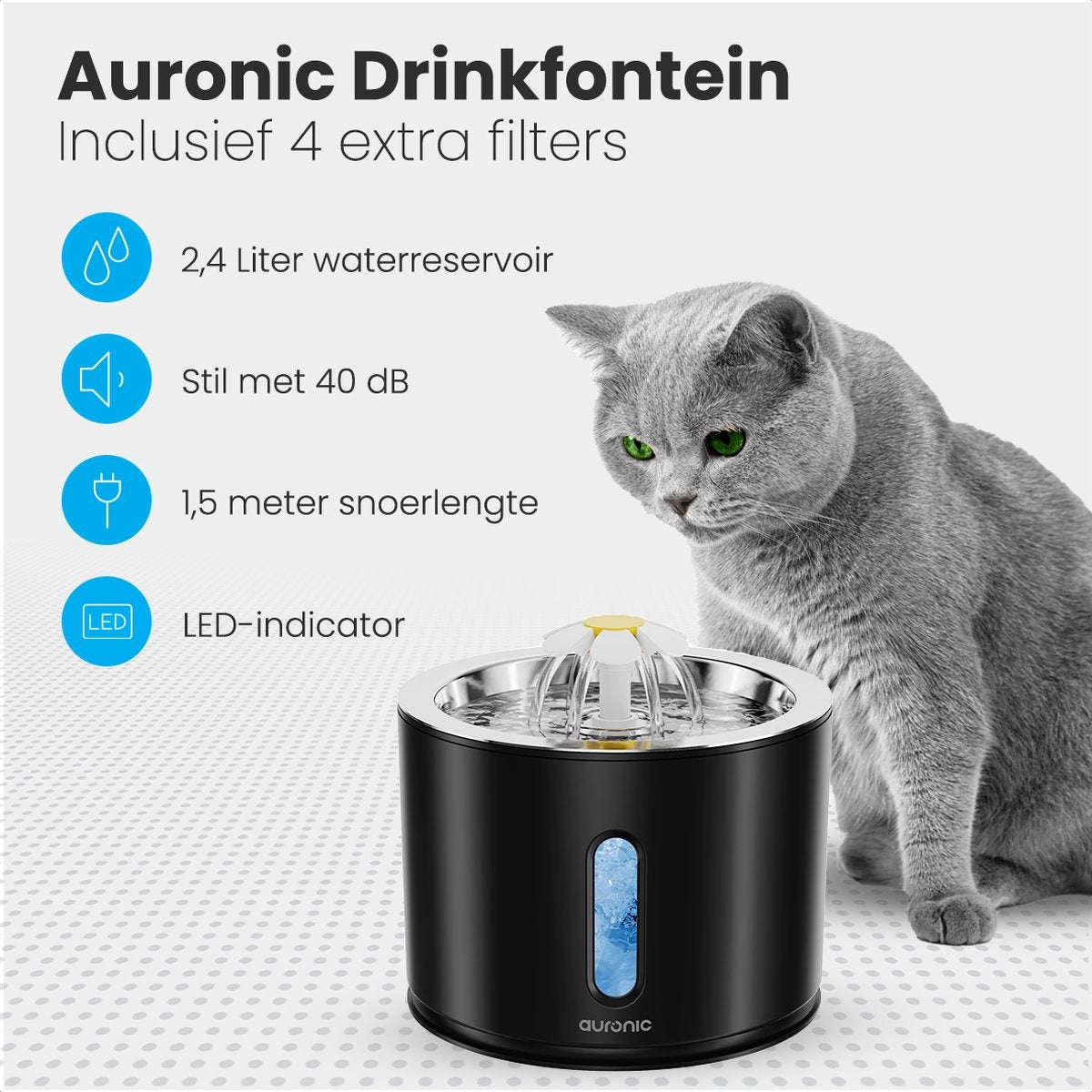 Abreuvoir Auronic - Fontaine à eau pour chats et chiens - 2.4L - Abreuvoir pour animaux - 3 filtres et 2 brosses inclus - Noir
