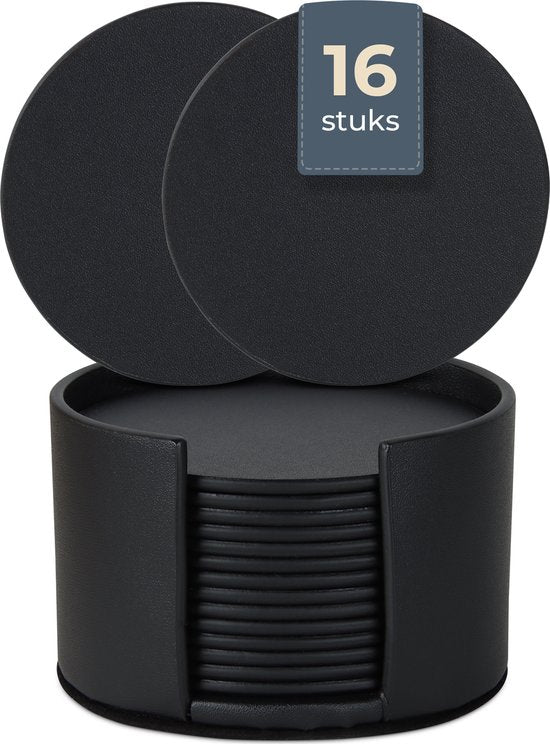 Castagnola Sous-verres en faux cuir - Sous-verres pour verres - Sous-verres design avec support - Sous-verres en cuir - Cuir - Lot de 16 - Noir