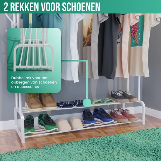 Avalo Rack à vêtements industriel Double Tige - Métal - 110x33x150 CM - Blanc - Rangement pour chaussures - Rack de penderie avec crochets