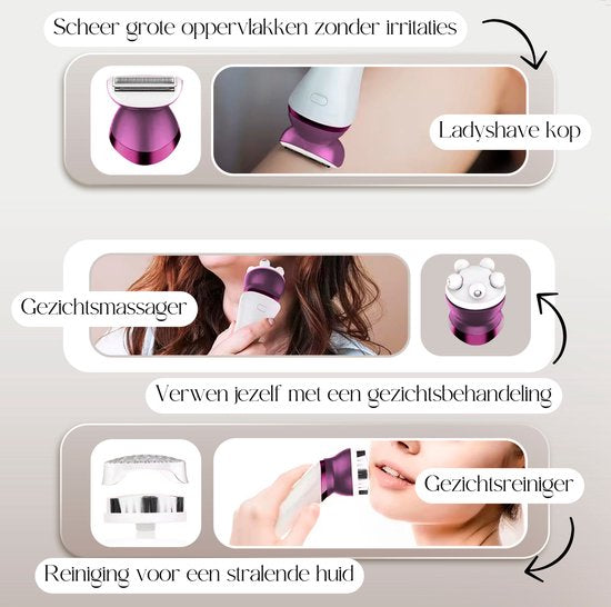Sansbeauté® 6-in-1 rasage femme - visage - aisselles - jambes - maillot - rasoir femme - épilateur - épilateur femme - tondeuse femme - tondeuse bikini - rechargeable par USB