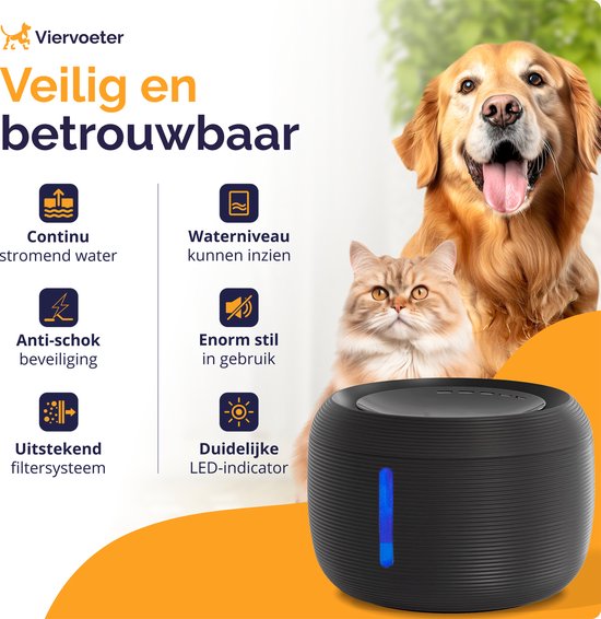 Abreuvoir Quadruped Premium - Abreuvoir rond pour chiens et chats - 2.5L - Abreuvoir pour animaux - silencieux - 2 filtres inclus - Noir