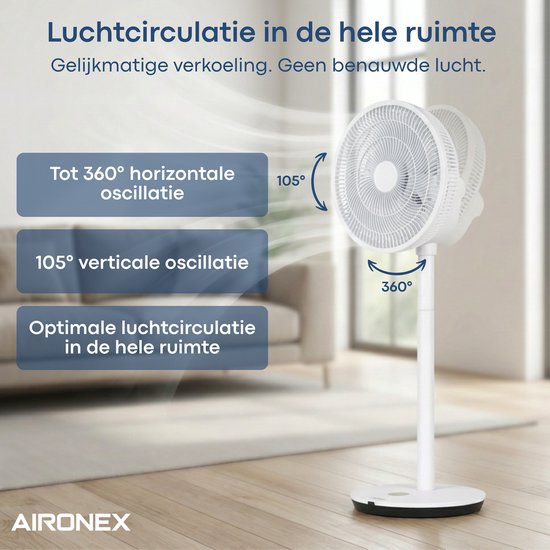 Ventilateur Aironex - Ventilateur sur pied silencieux à 26 vitesses - Commande via application - Faible consommation - Blanc - Avec fonction aromathérapie et Wi-Fi - Minuterie et mode nuit - Réglable en hauteur - Oscillation horizontale et verticale