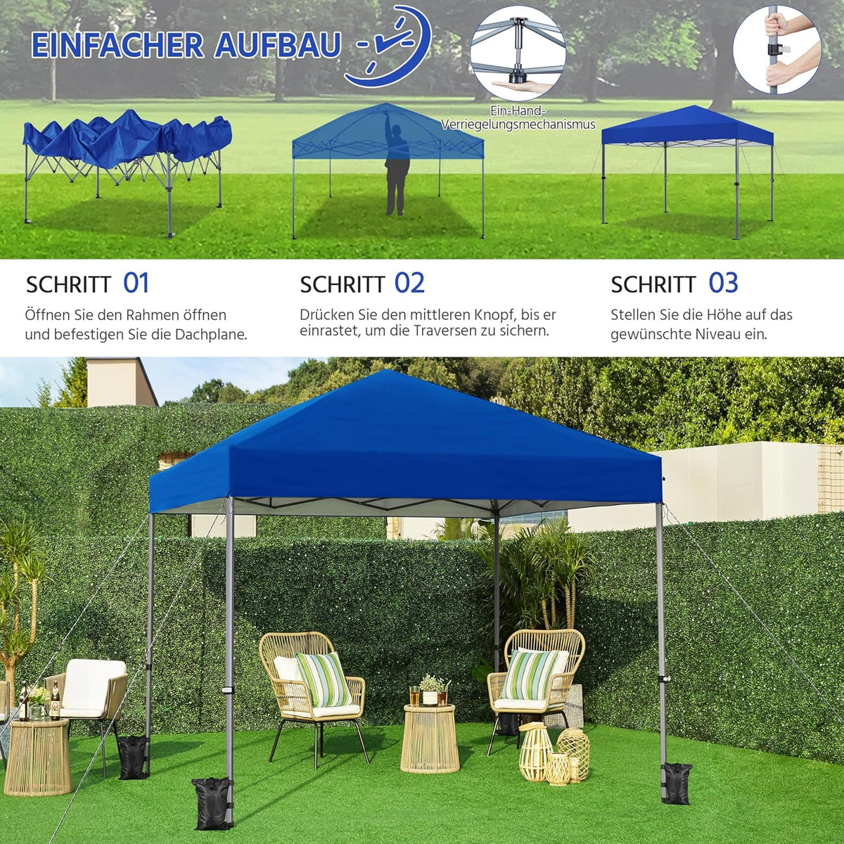 Pavillon pliable Yaheetech Pop-up 3 × 3 m, hauteur réglable de 170,5 à 265,5 cm, bleu