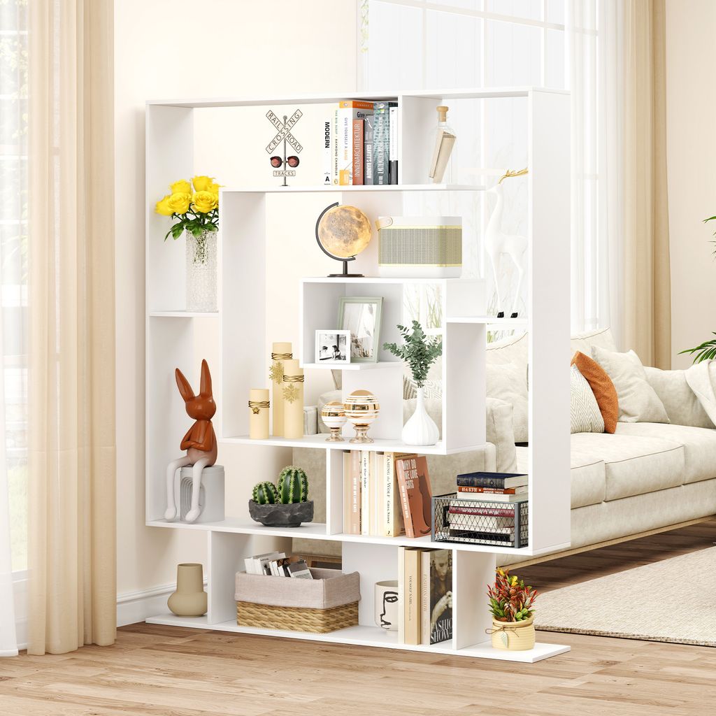 Coast Stylish 7-Layer Bookcase 125 x 22 x 150 cm - White with Geometric Design and Anti-Tilt Protection (Bibliothèque élégante à 7 niveaux 125 x 22 x 150 cm - Blanc avec design géométrique et protection anti-basculement)