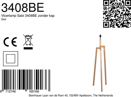 Lampadaire Sabi 3408BE - Lampe en bois sans abat-jour avec douille E27, hauteur 144 cm, réglable en hauteur - Mexlite
