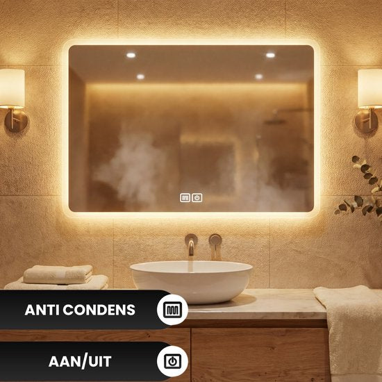 Bayt Miroir de salle de bain - Miroir de salle de bain avec éclairage - Miroir mural - 3 positions LED - Anti-buée - 75x52 cm