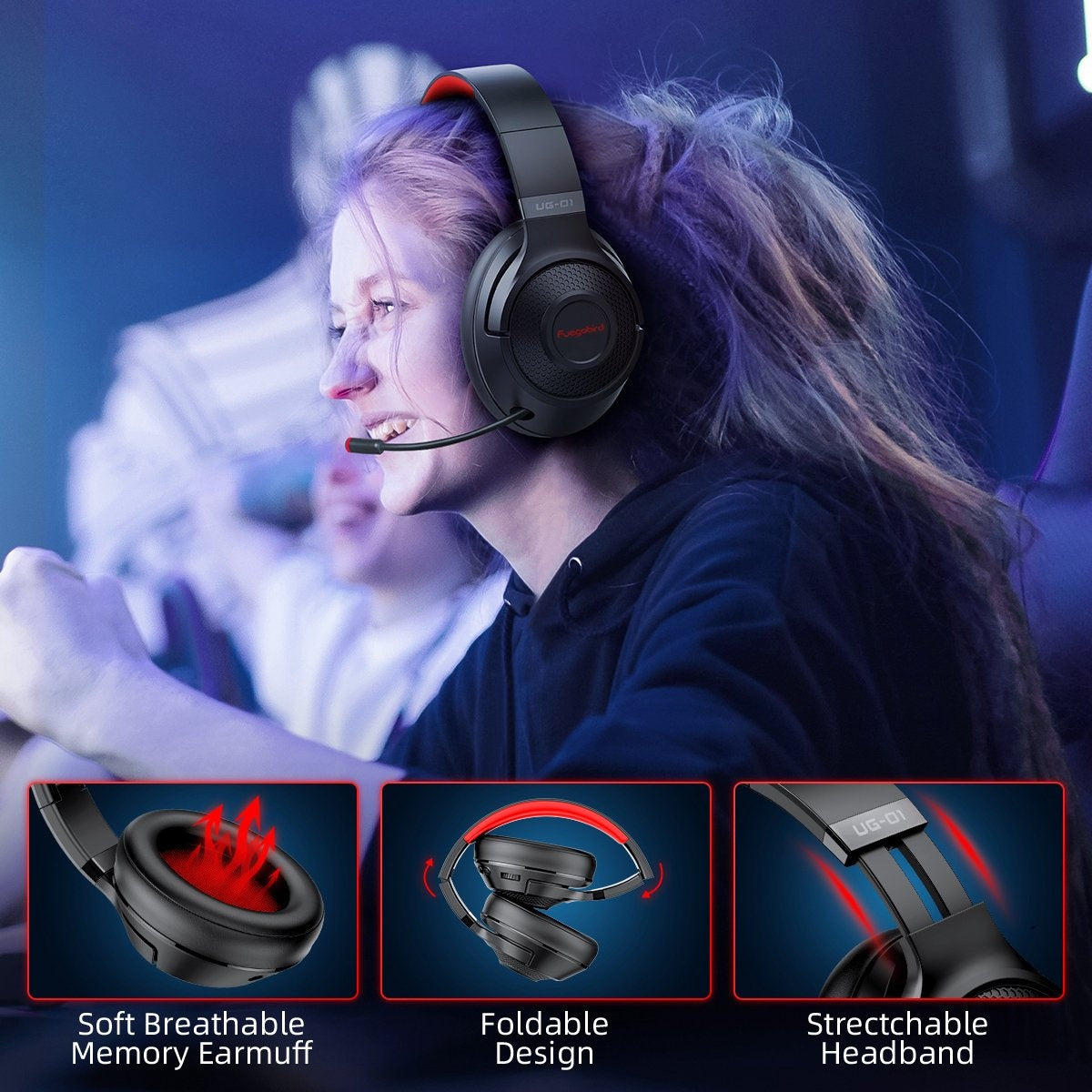 Fuegobird UG-01 Casque de jeu sans fil 2,4GHz - Casque Bluetooth - Multiplateforme - Convient pour PS4/PS5, Nintendo Switch - Rouge