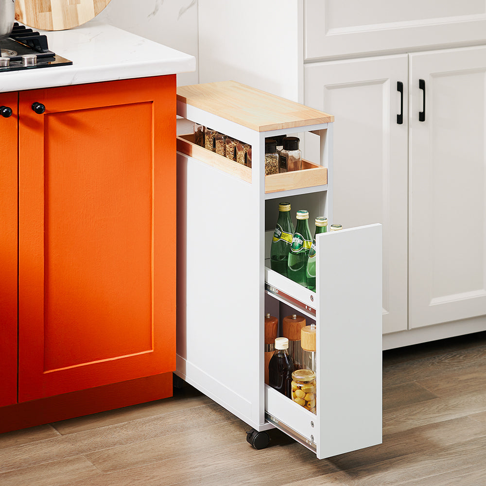 SoBuy NSR11-WN Etagère roulante étroite en bois 20x51x79 cm - Chariot de cuisine et de salle de bain pratique sur roulettes en blanc aspect bois naturel
