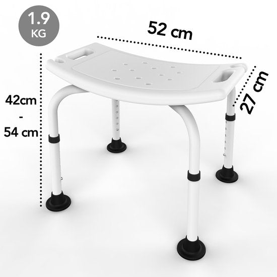 Brixy Tabouret de douche - Réglable en hauteur - Chaise de douche - Antidérapant - Avec support de pommeau de douche - Max. 150 kg - Blanc