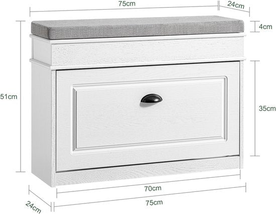 SoBuy FSR82-L-WG Meuble à chaussures banc d'entrée - banc à chaussures avec siège de toilette et coussin de rangement pour chaussures pour hall d'entrée, salon 75 x 24 x 51 cm, capacité 180 kg, blanc effet bois antique