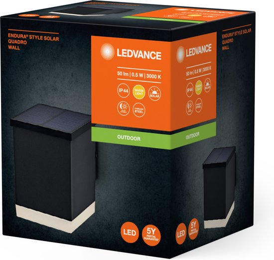 LEDVANCE ENDURA STYLE SOLAR WALL luminaire extérieur, 0,5W, 50lm, applique, gris foncé, éclairage indirect, batterie rechargeable, indice de protection IP44, température de couleur 3.000K, couleur blanc chaud, applique murale