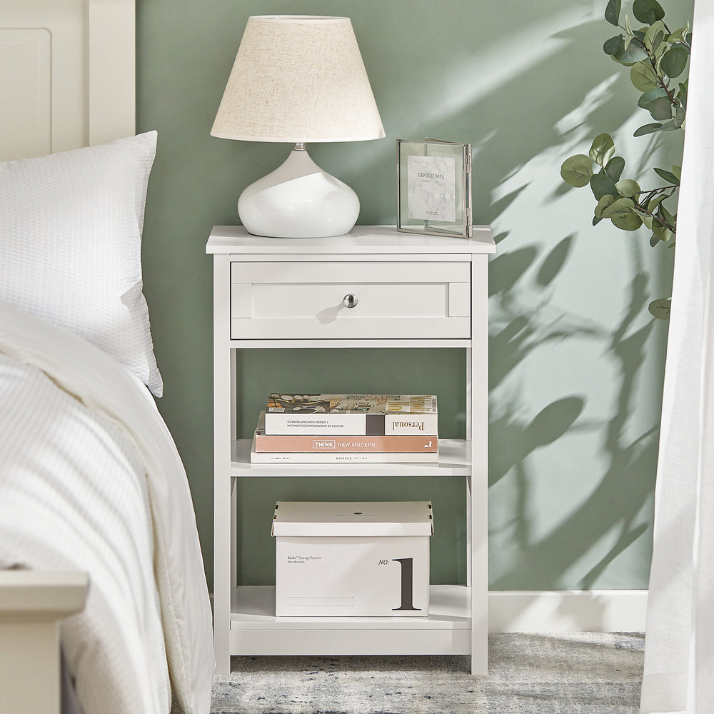 SoBuy FBT46-W Table de chevet - Blanc - 2 étagères - 1 tiroir - 45x68x30 cm