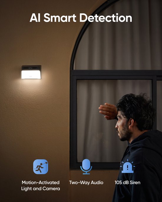 eufy security Solar Wandlamp Camera S120 - Applique murale - Caméra de sécurité sans fil avec applique LED solaire intégrée - Vision nocturne en couleur - Détection de mouvement par IA - Audio bidirectionnel - Indice de protection IP65 - Pas de frais d'ab