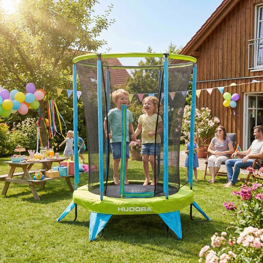 Hudora 65711 - Trampoline pour enfants avec filet de sécurité - 140 cm - Résistant à l'eau et aux UV - Cadre robuste