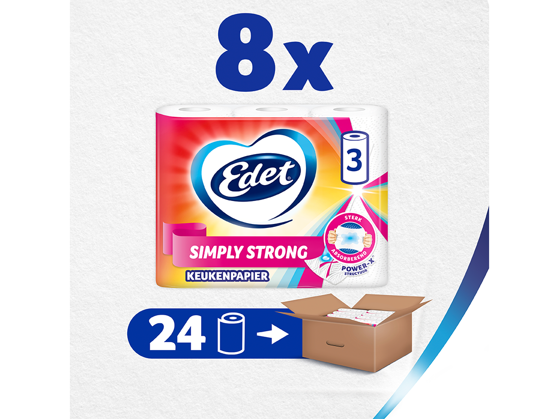 Edet 24x Papier essuie-tout Simply Strong – Extra-résistant et ultra-absorbant – 8 paquets de 3 rouleaux