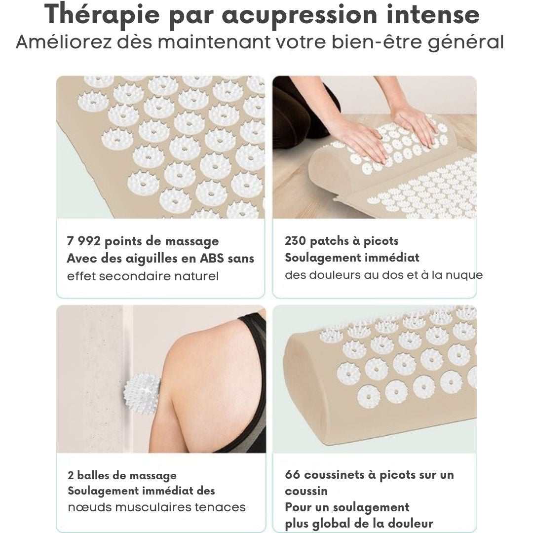 Tapis d'acupression avec coussin LifeGoods - Tapis Shakti - Tapis pour ongles avec 2 balles pour points de déclenchement - 66x40x2cm - Beige/Blanc