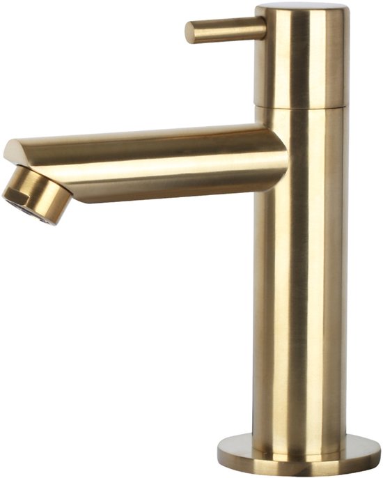 Ensemble de lavabo Differnz Helios 37,5 x 18,5 x 9 cm – Lavabo en céramique blanche – Avec robinet d'eau froide à gauche et à droite, finition or mat – Ensemble de lavabo pour salle de bains – Siphon et bouchon de vidange « Always-Open » inclus – Fixation