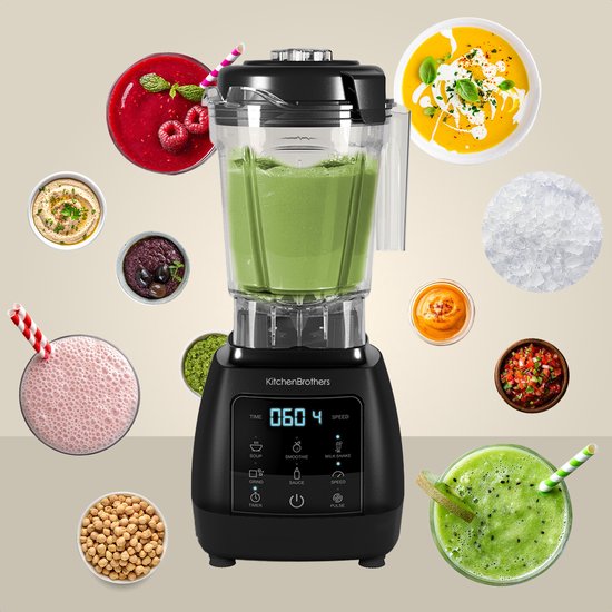 KitchenBrothers 2-in-1 Power Blender - 1600W - 2L - Ensemble complet avec hachoir et gobelet - Smoothie Maker - Ice Crusher - Noir
